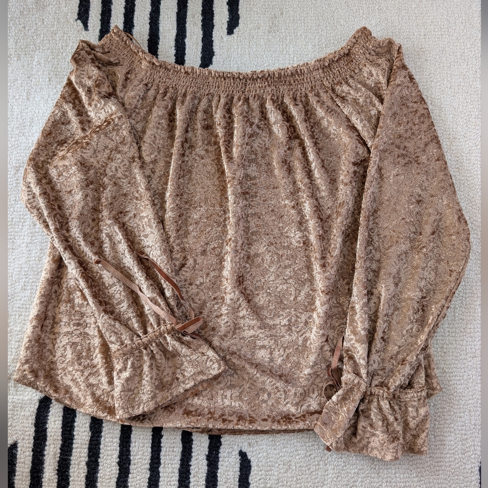 ☘️Curve Appeal Womens Crushed Velvet Floral Golden Brown Off-Shoulder Blouse L